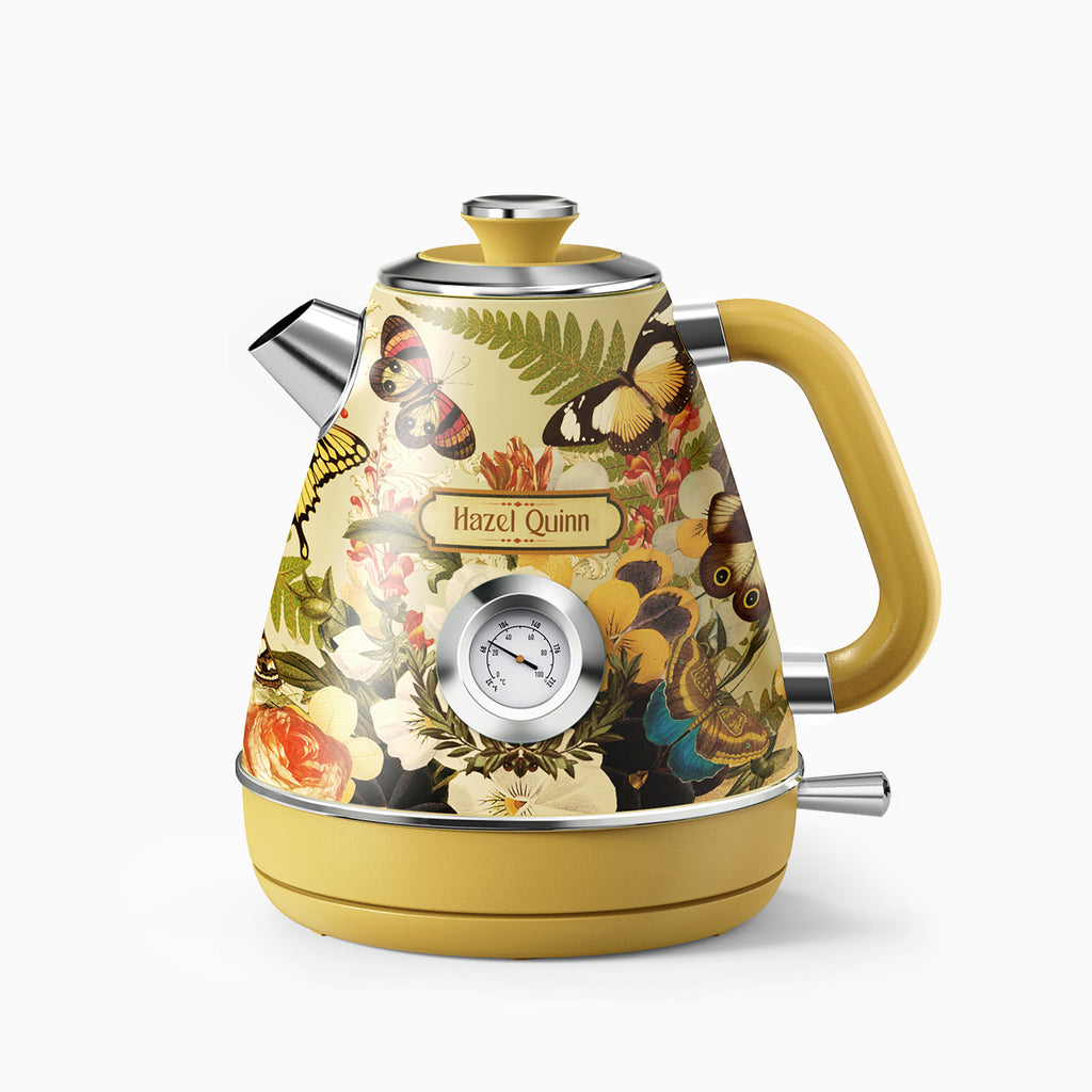 Hazel Quinn Jointly-Designed Electric Kettle by Eduardo Recife, with Food Grade 304 Stainless Steel, Dial Thermometer, 1.7 L, Artworks Pasted by Hand