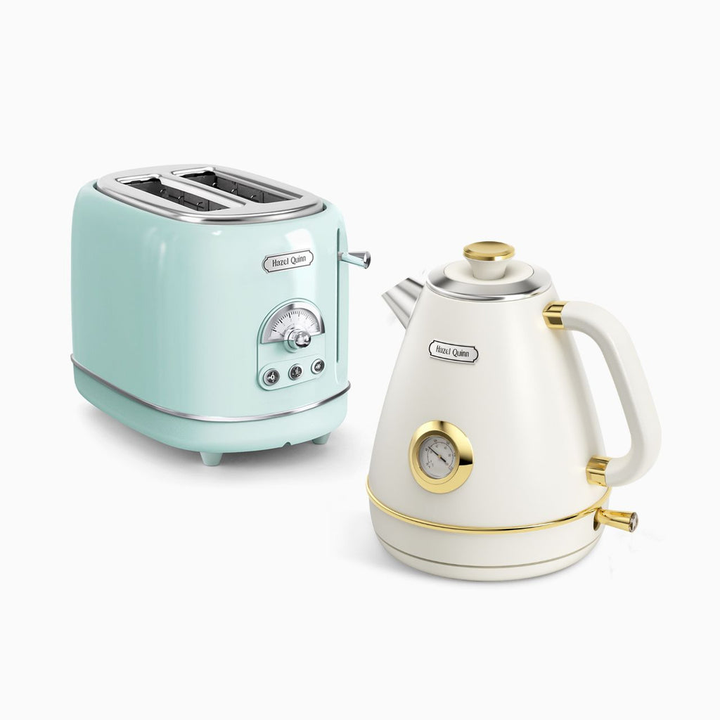 <tc>Perlweißer elektrischer Wasserkocher und Mintgrüner 2-Scheiben-Toaster</tc>