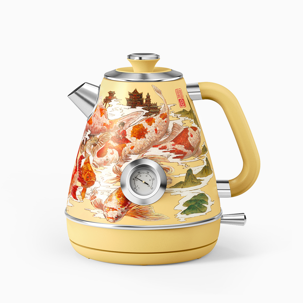 [Koi Frolic] Jointly-Designed Electric Kettle by Zijin Wang, with Food Grade 304 Stainless Steel, Dial Thermometer, 1.7 L, Artworks Pasted by Hand (Available in US)