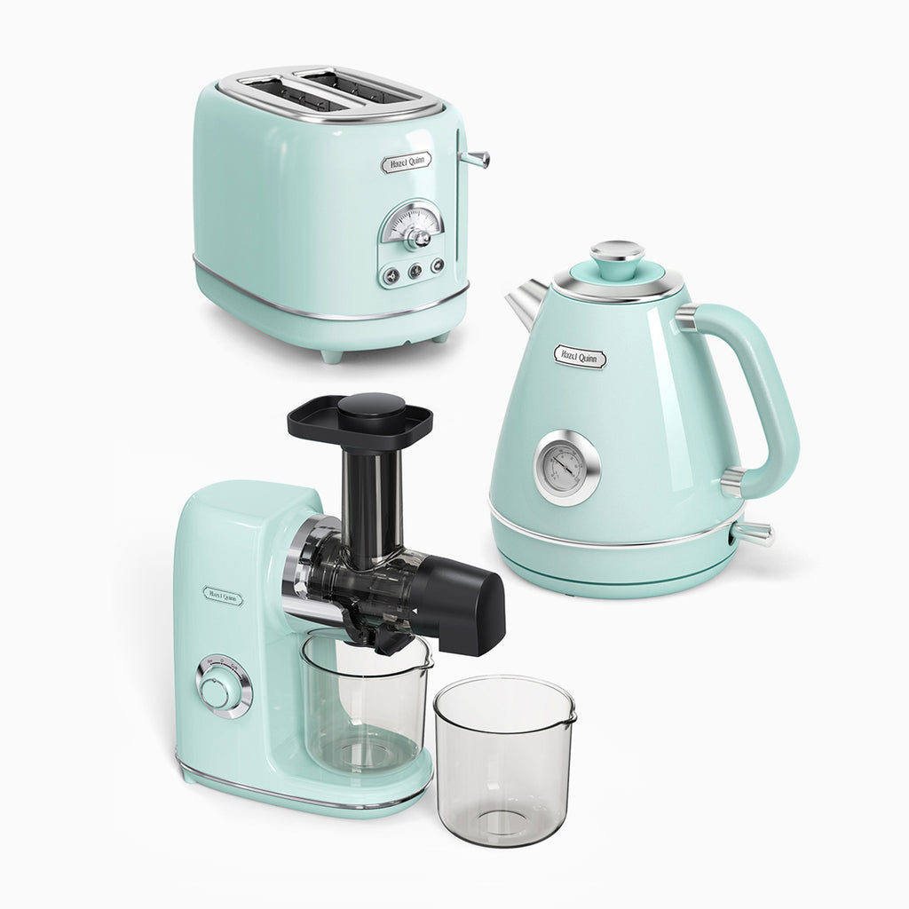 <tc>Mintgrüne elektrischer Wasserkocher, 2-Scheiben-Toaster und langsamer Entsafter aus derselben Serie</tc>