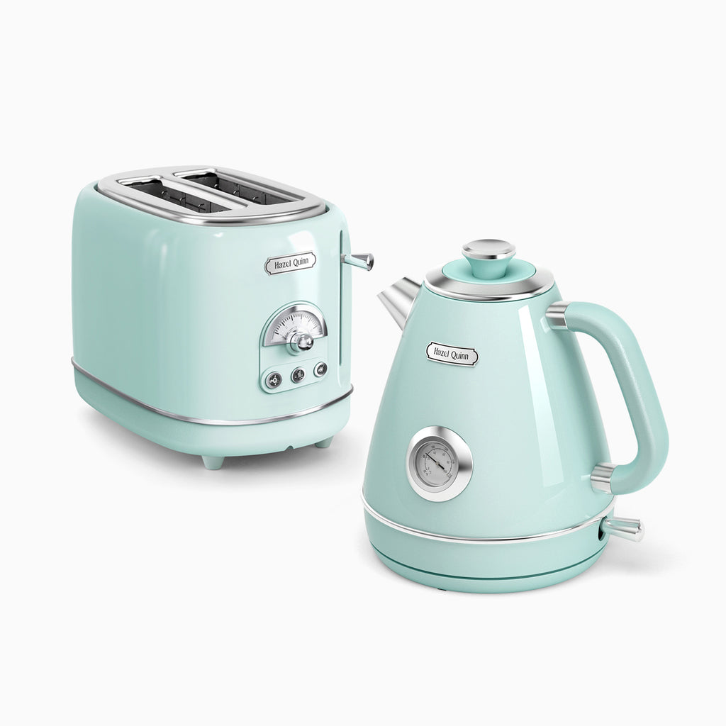 <tc>Mintgrüne elektrischer Wasserkocher und 2-Scheiben-Toaster aus derselben Serie</tc>
